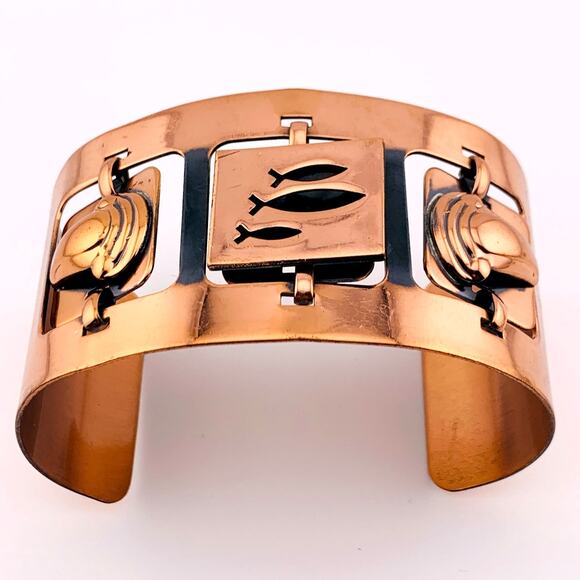 Vintage Copper Cuff Bracelet Fish Ram Articulated 1.5" Wide - Picture 1 of 6